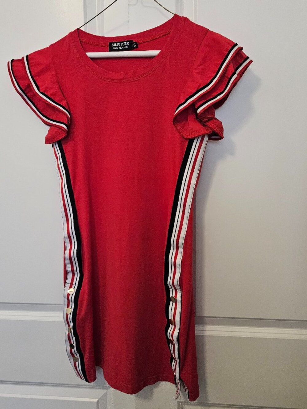 Muy Muy Red Sporty Stripe Trim Bodycon Mini Dress Gold Snaps Size S